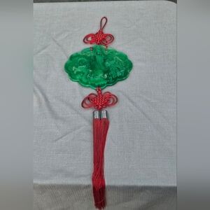 Vtg Chinese Culture Red Knot Goddess & Dragon Resin Green Faux Jade Wall Hanging